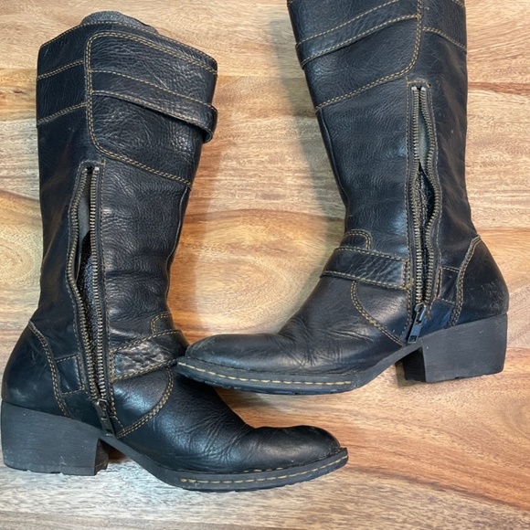 BORN Leather Black Boots with Brown Contrasting Stitching Metal Buckle Moto sz 7 - Picture 11 of 14